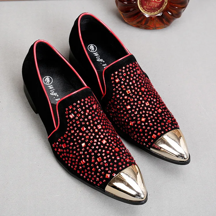 

New Cowhide Fashion Leather Pointed Iron Head Personality Slip-on Shoes Low-top Shoes Single Shoes British Style Youth Gift