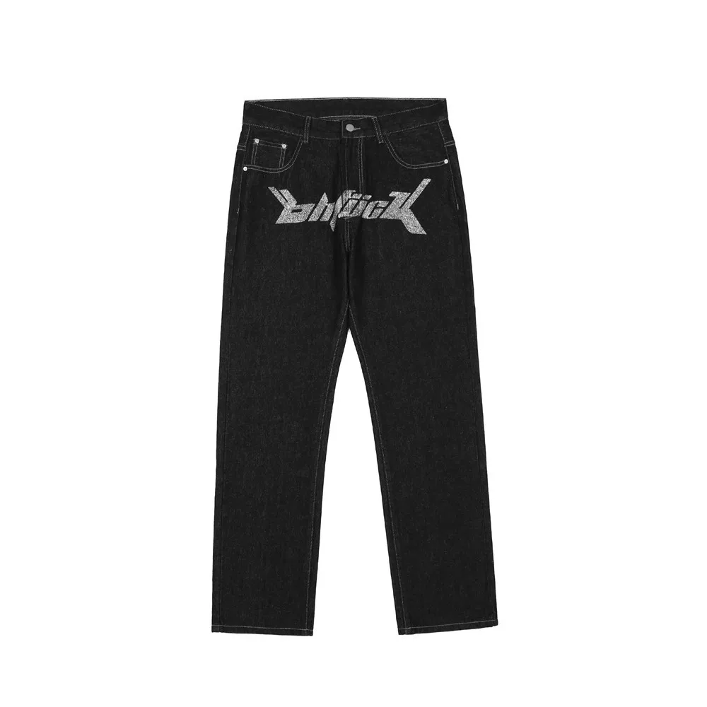 European and American Letter Printing Jeans Men's Fashion Brand Loose Straight Pants Dark Black Casual Dad Pants
