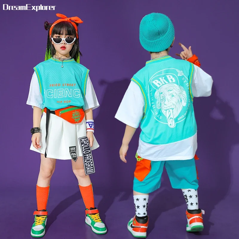 Boys Hip Hop Fake Two Pieces T-shirt Cargo Denim Shorts Girls Summer Skirt Clothes Set Kids Streetwear Child Jazz stage Costumes