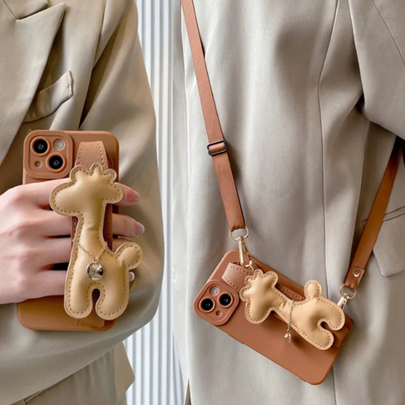 

Leather Giraffe Wrist holder Stand lanyard Phone Case For Xiaomi Mi 11 10T Note 10 pro Lite Cover