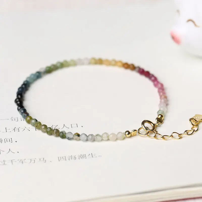 

Dainty Tiny Faceted 2mm Multicolor Tourmaline Crystal Beads Bracelet for Women Delicate Small Natural Stone Stacking Bracelet
