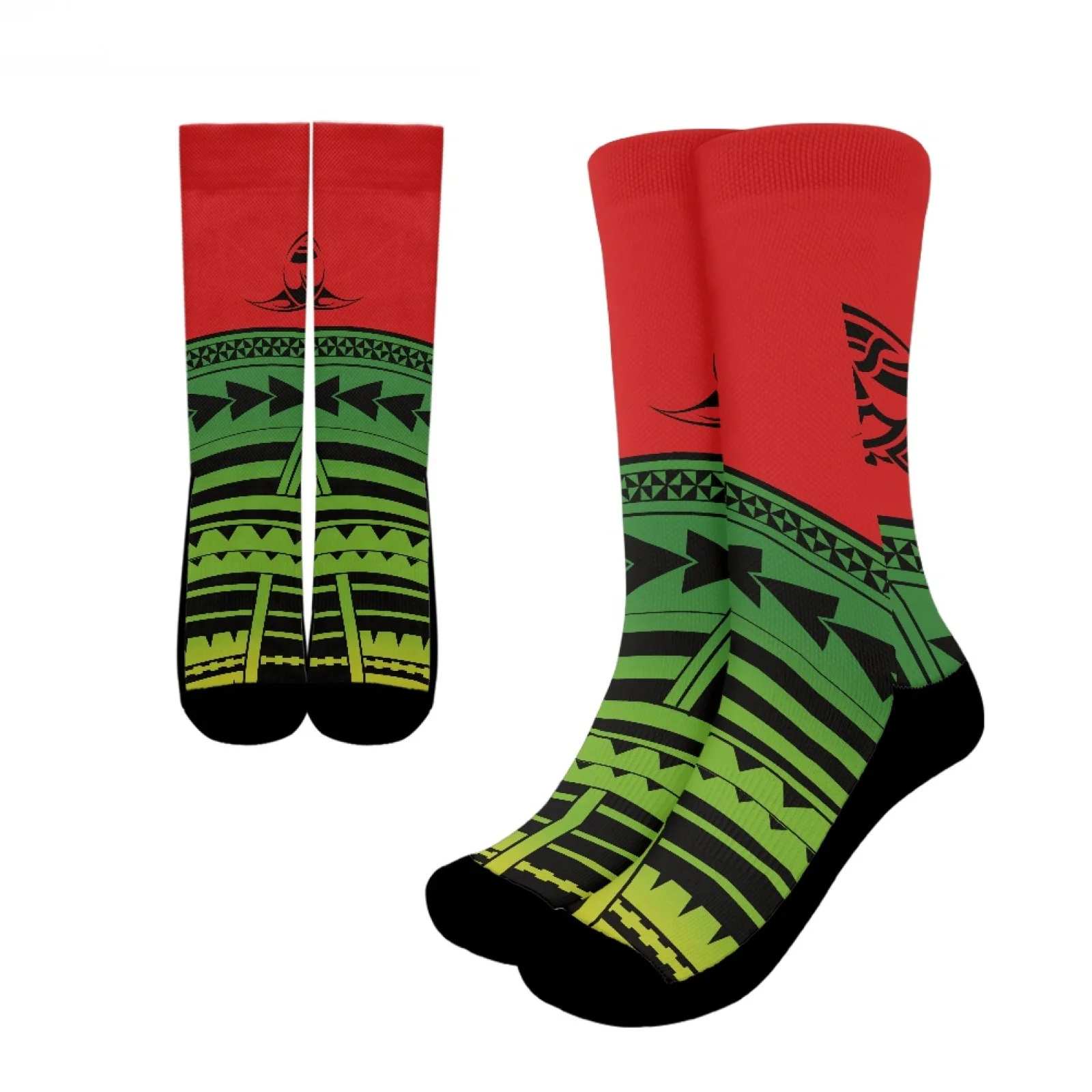 

Polynesian Tribal Pohnpei Totem Tattoo Prints New Style Red Green Two-Tone Breathable Crew Socks Fit Give Friend Holiday Gift