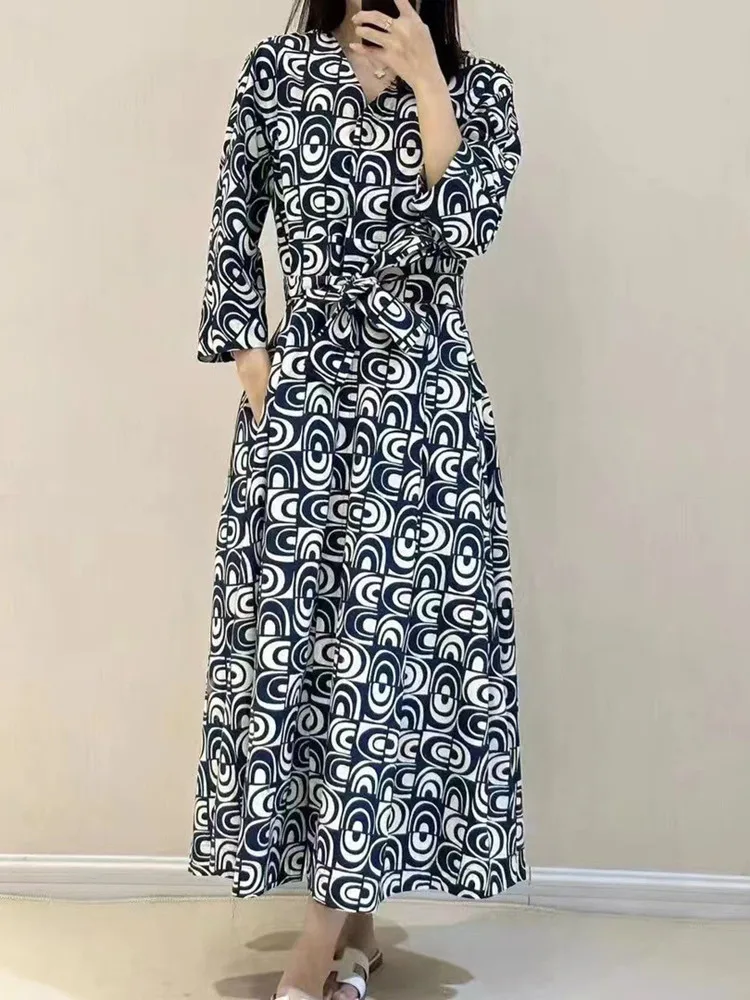 Women 100% Cotton Dress Three Quarter Sleeve Geometric Printing Lace-up Retro Female Midi Robe with Pockets