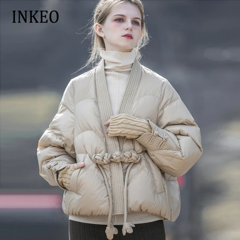Chinese style knot puffer jacket warm Women High street Batwing sleeve 90% white duck down coat 2023 New clothing INKEO 2O373