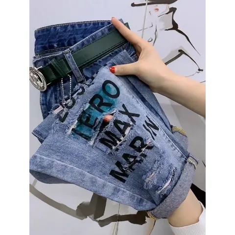 2023 Spring Summer Korean Fashion Women Hole Design Loose Jeans All-matched Casual Letter Print Cotton Denim Harem Pants C706