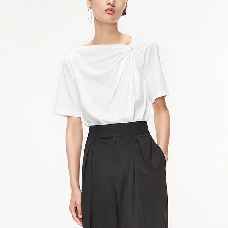 

Irregular Round Neck Knotted Short-sleeved T-shirt Ladies Summer New Pullover White T Bottoming Shirt Cotton All-match Top