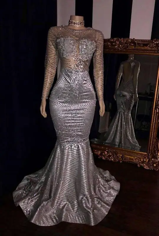 

2022 Sexy Mermaid Prom Dress Long Sleeve Sheer O-neck Floor Length Sparkly Sequined Black Girls Evening Gowns