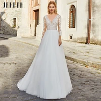 elegant a line wedding dress 2022 long sleeve v neck lace appliques floor length bohemian bridal gown for women backless