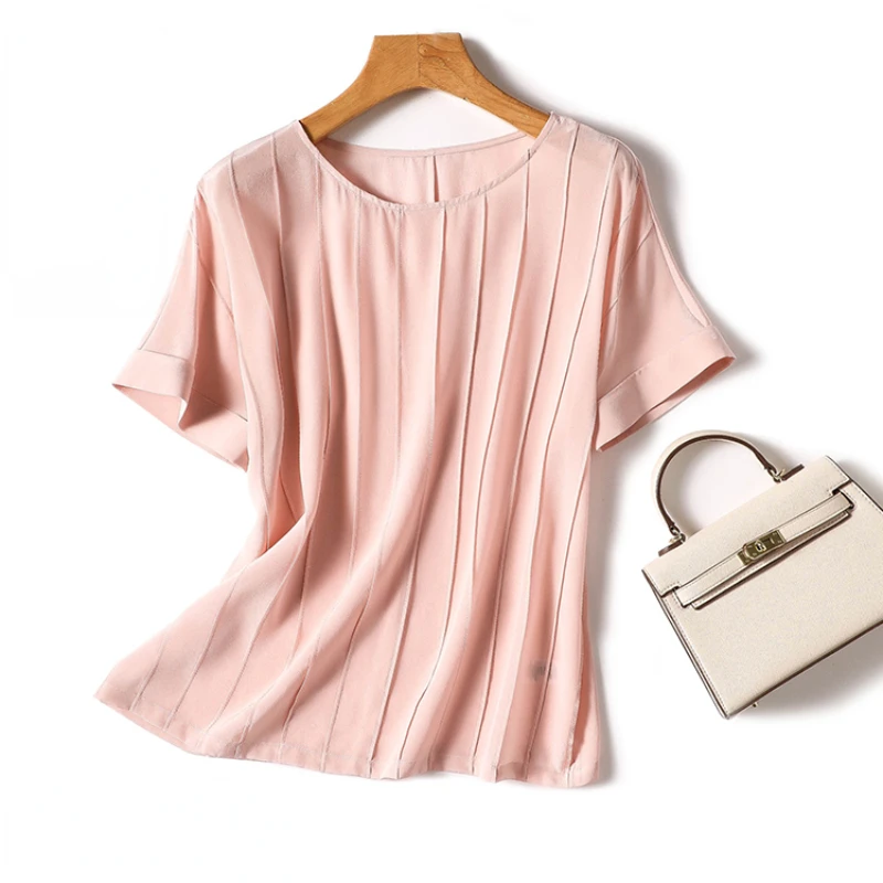 

Satin Women's Shirts Summer 2023 New Silk Solid Korean Blouses Short Sleeves Top O-neck Casual Loose Clothing Folds YCMYUNYAN