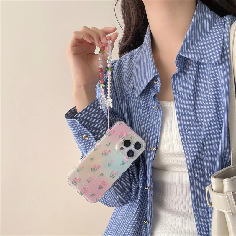 Чехол для телефона с цветами iPhone 16 Pro 15 13 14 Max 15Pro противоударный чехол цепочкой в