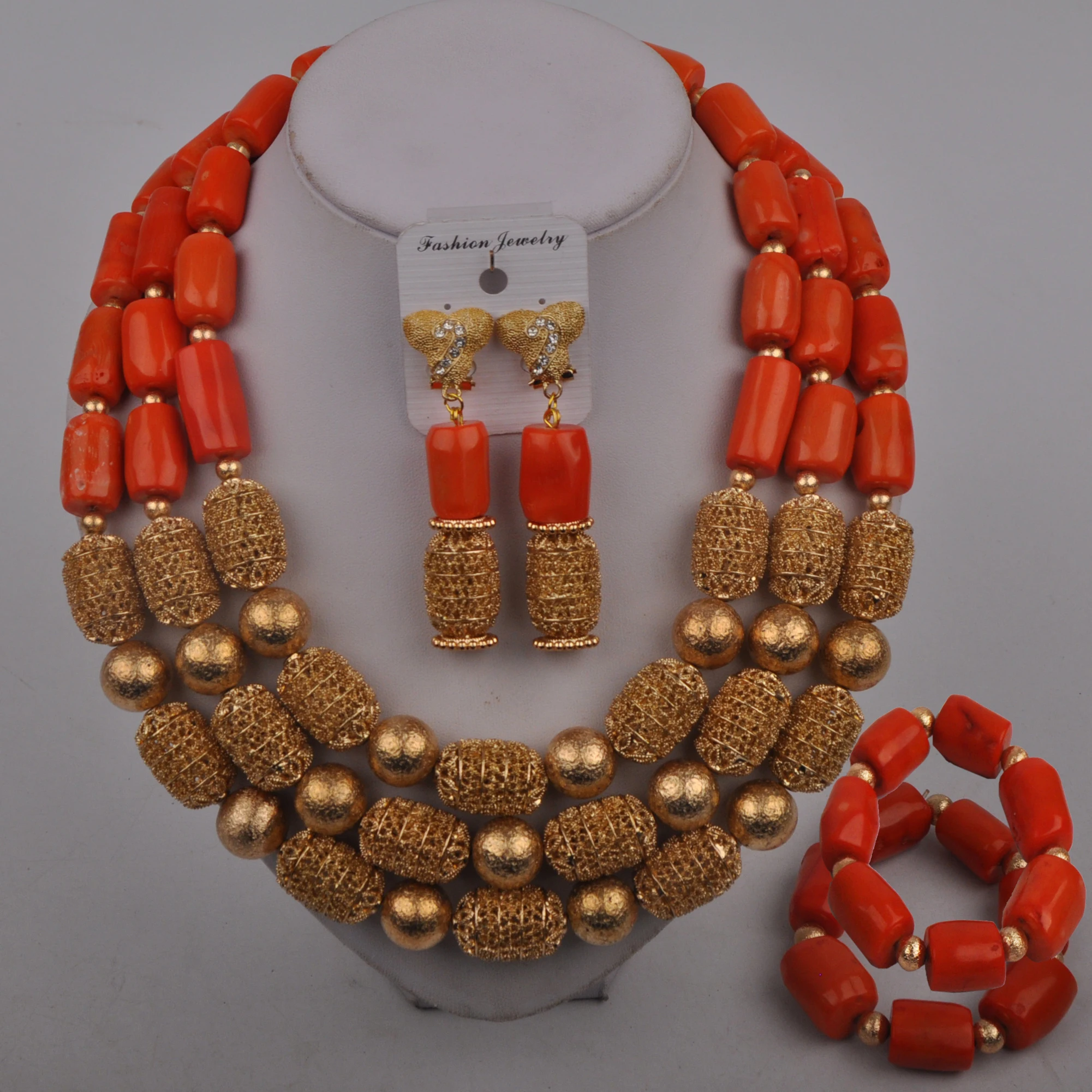 

Оранжевое 3 слоя Коралловое Ожерелье Африканские свадебные бусы нигерийские невесты коралловый ювелирный набор 23-526AT