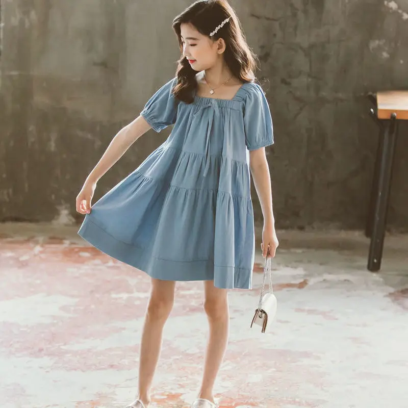 

Teens Girls Dresses Summer Short Sleeve Dress Kids Clothing Princess Cute Long Dress for 4-13Y