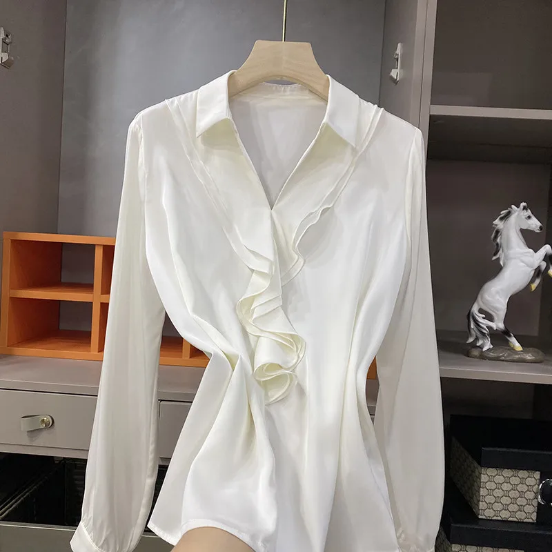 

Imitation Silk Women's Lotus Leaf Shirt Long Sleeve Blouse Camisas De Mujer