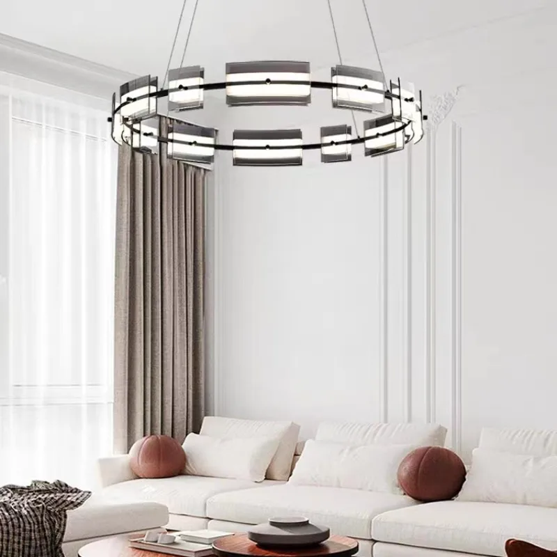 

Copper LED Pendant Living Room Dining Room Master Bedroom Ceiling Chandelier Long Bar Smoky Glass Bar Table Lamp Ring Light