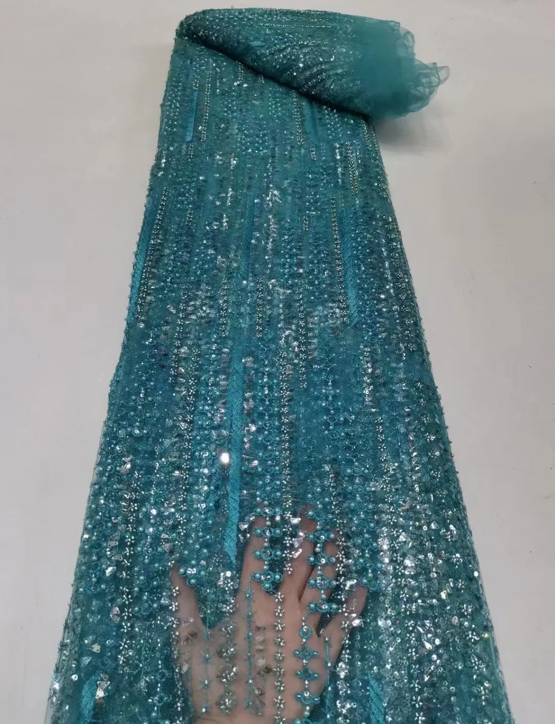 

Blue French Sequins Wedding Tulle Lace Fabric 2022 High Quality African Nigerian Beads Net Mesh Fabric For Evening Party Dress