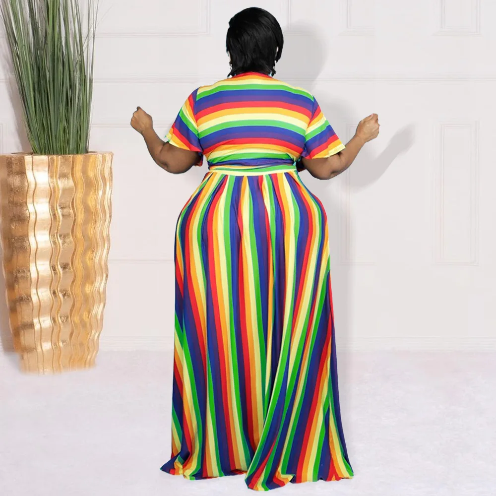 Plus Size Women Sets Striped Print Shirts and Dresses 2022 Summer Fashion Two Piece Set Sexy Female Casual Bandage Outfits