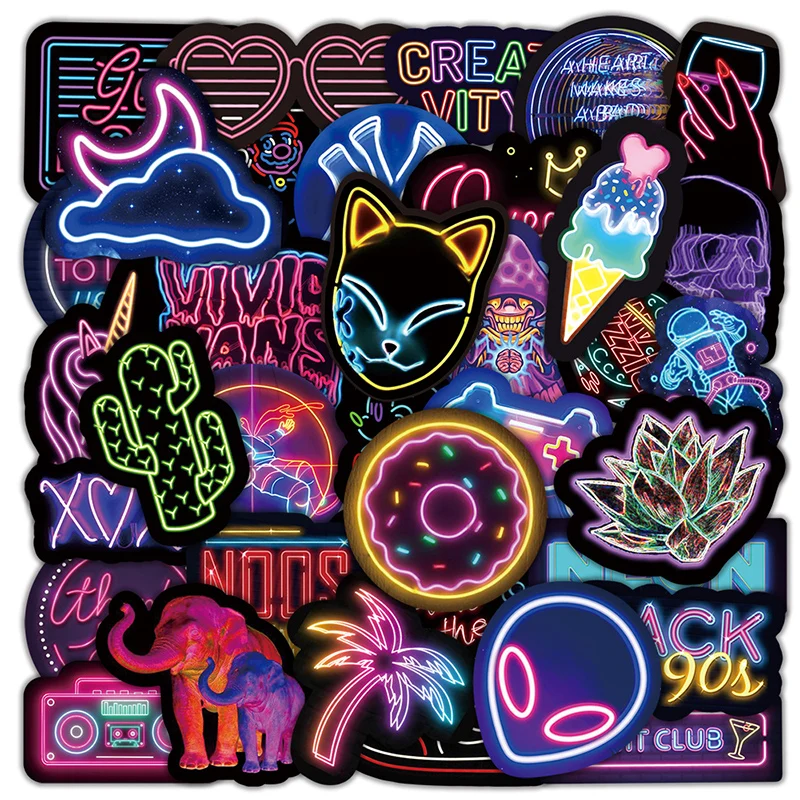 

50PCS Neon Stickers for Car Cool Waterproof Personality Cartoon Computer Skateboard Trunk Guitar Graffiti Helmet Sticker Toys