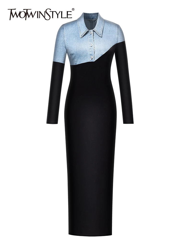 

TWOTWINSTYLE Colorblock Patchwork Denim Velvet Slimming Dresses For Women Lapel Long Sleeve High Waist Elegant Dress Female 2023