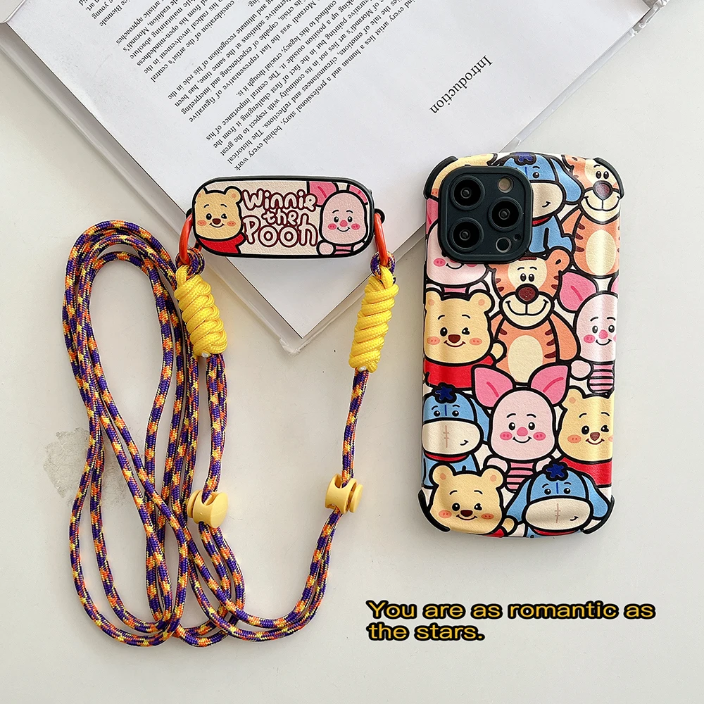 

Cartoon Winnie The Pooh Piglet Tigger Phone Cases For iPhone 14 Plus 13 12 11 Pro Max With Lanyard Camera Clip Protection Cover