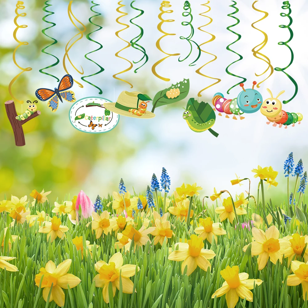 

30pcs/set Cartoon Caterpillar Spring Flowers Butterfly Birthday Party DIY Wall Hanging Swirls Baby Shower Party Decors Backdrops