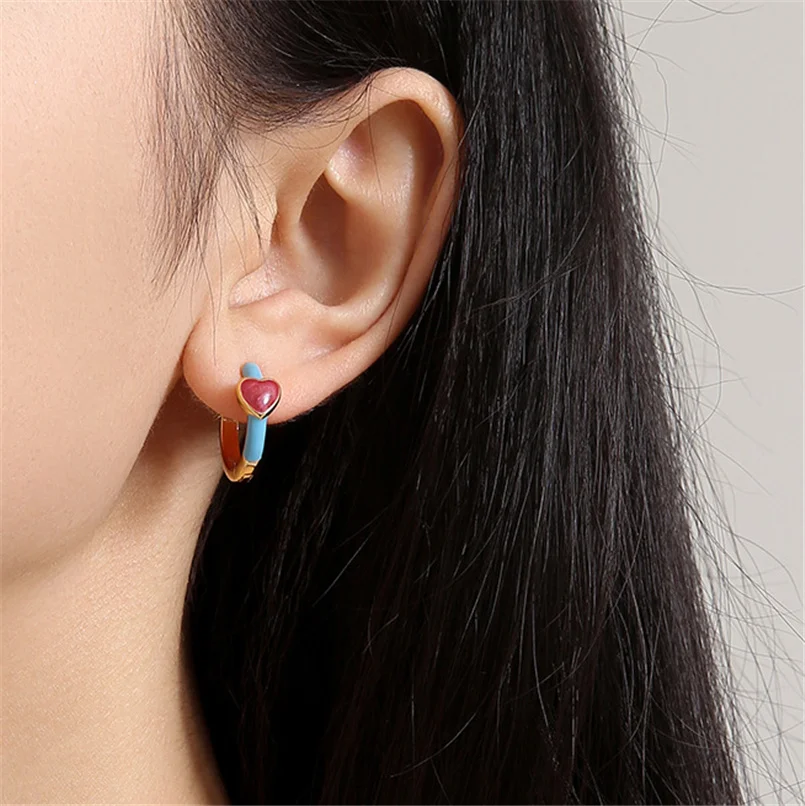 

Korean Style Heart Blue Enamel Earrings For Women Girls Round Hoop Earrings Engagement Wedding Jewelry Gift Y2K