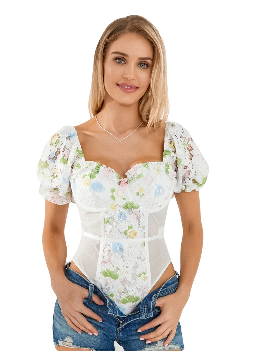 

Women s Sheer Lace Bodysuit with Short Puff Sleeves Mesh Patchwork and Floral Print - Stylish Leotard Top or Corset Playsuit