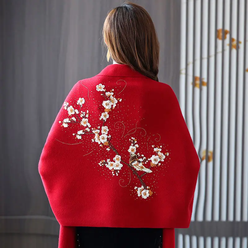 

Cashmere shawl poncho women autumn and winter mid-length sleeved scarf fringed coat embroidered hot drill cheongsam cspe outside