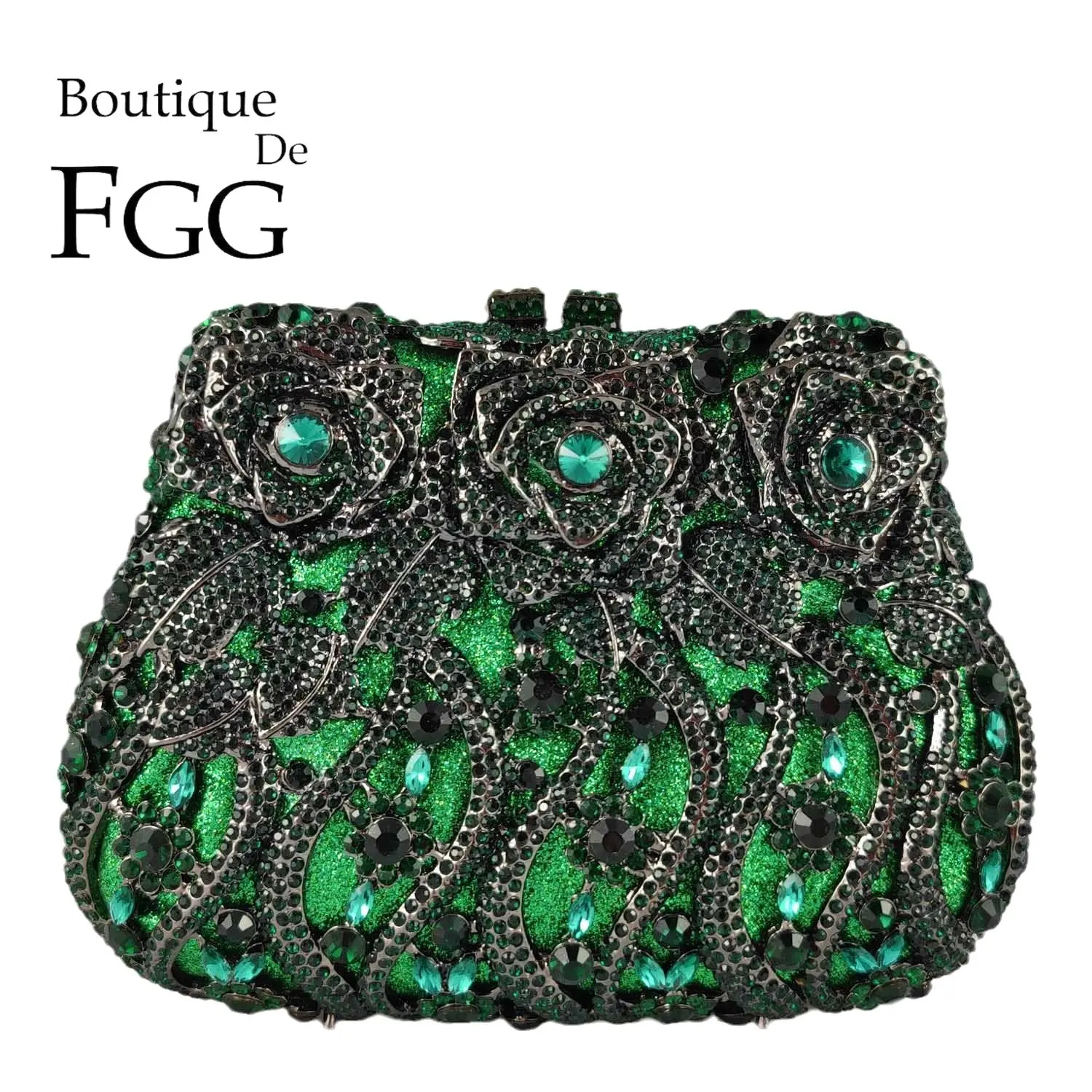 Boutique De FGG Women Green Evening Bags Flower Crystal Clutch Minaudiere Handbags and Purses Bridal Rhinestone Floral Bag