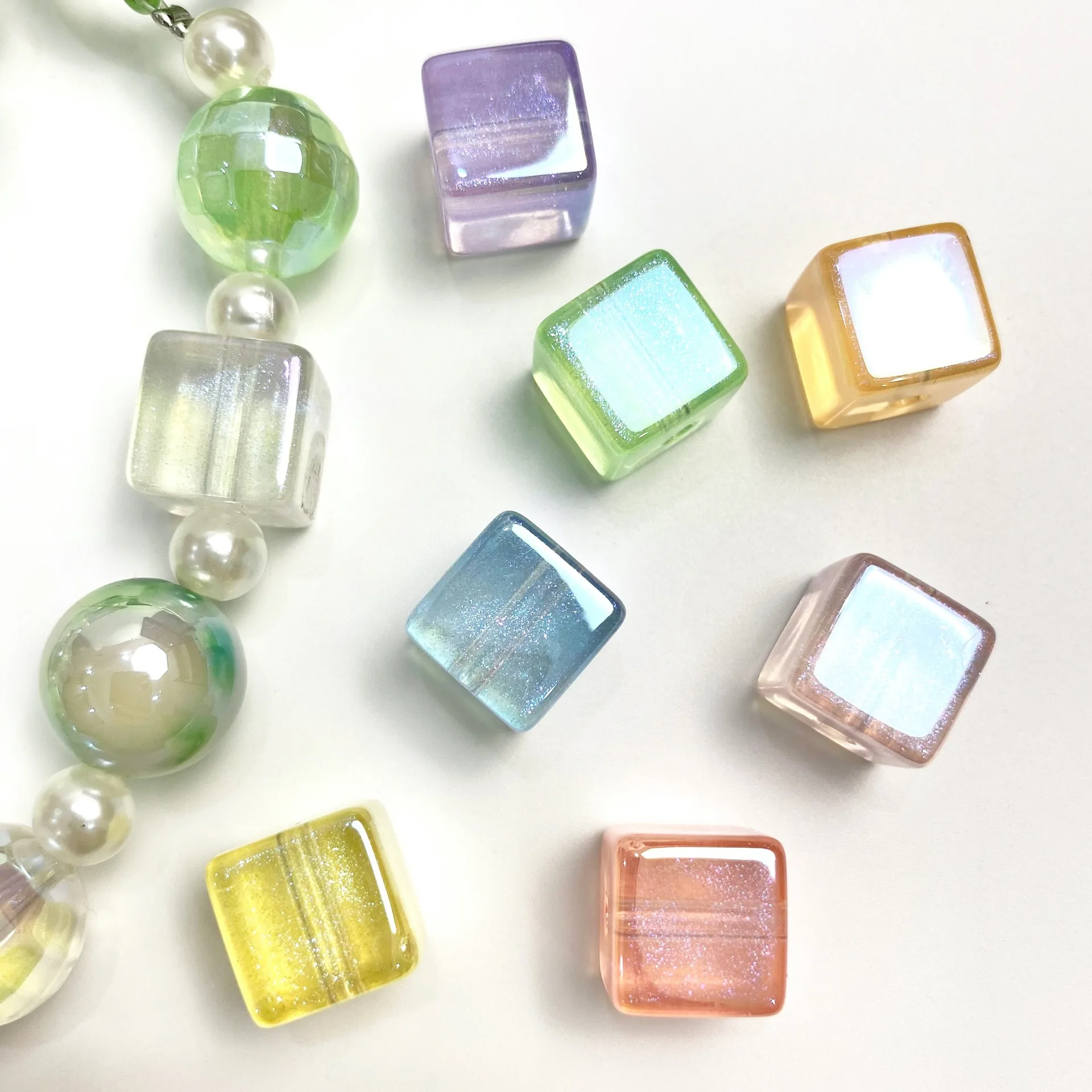 

14mm Sunshine Colorful Electroplated UV Scallion Pink Mermaid Square Bead DIY Mobile Phone Chain Bead Material Accessories