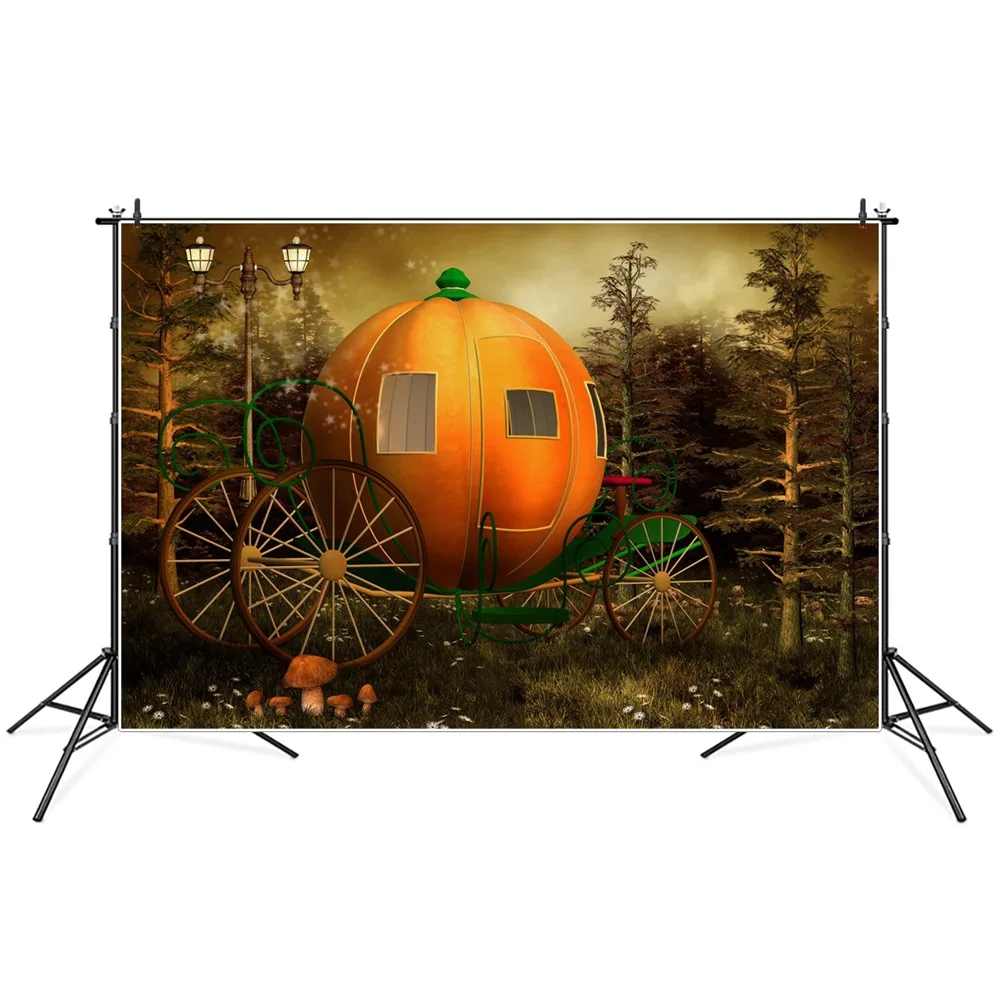 

Сказочный фон для фотосъемки с изображением тыквы кареты леса фонаря луга фотография на заказ Фотообои