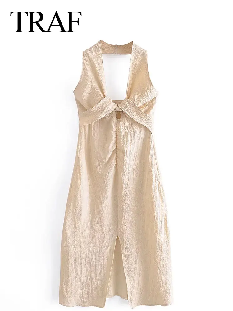 

TRAF Premium Solid Color Ruched Neck Dinner Party Ladies Dress Low Neck Waist Halter Sleeveless Slit Elegant Women's Dress