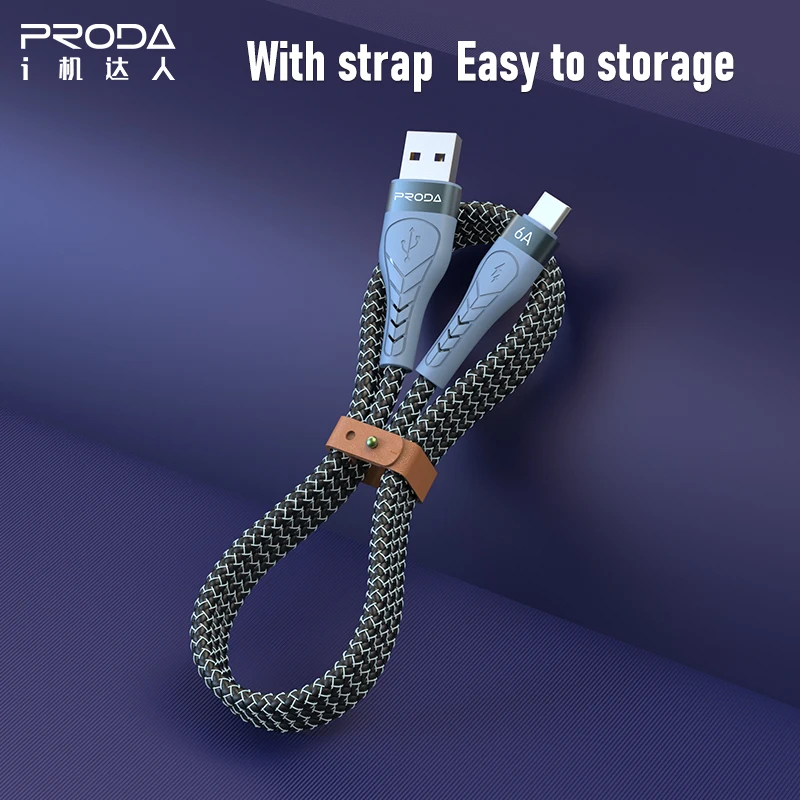 Proda Pulsing Series Braided Fast Charging Data Cable 6A Max Output Mobile Phone Alloy Wires for iphone Xiaomi Samsung