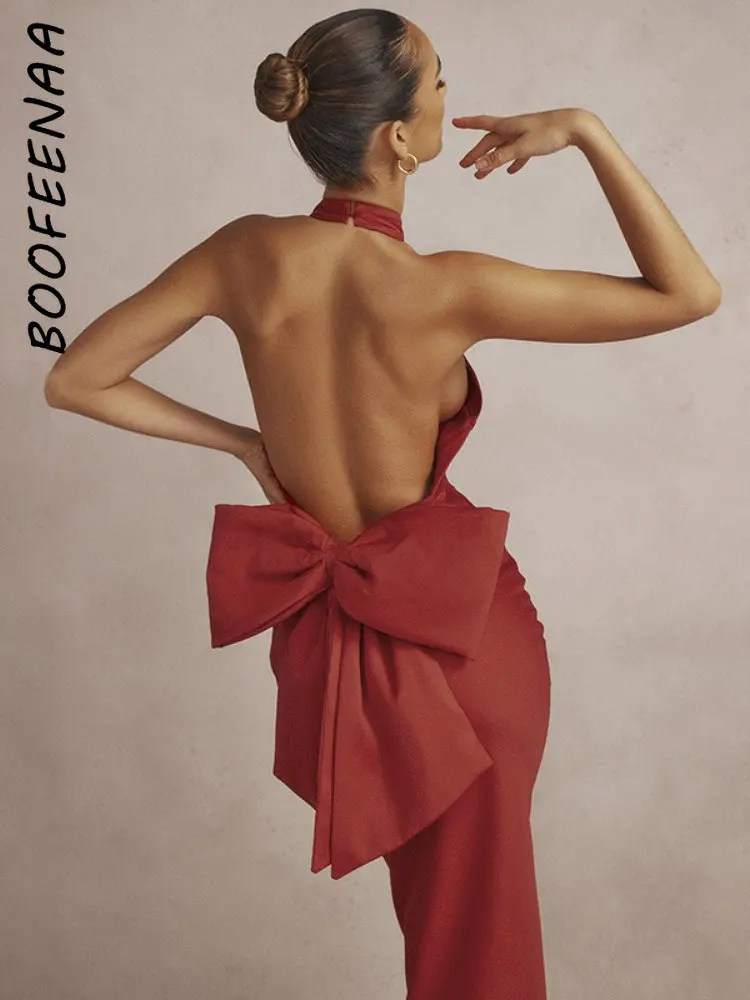 

BOOFEENAA Big Bow Open Back Halter Long Maxi Dresses Vintage Elegant Satin Red Christmas Dress for Woman Sexy Party Gown C0-GC30