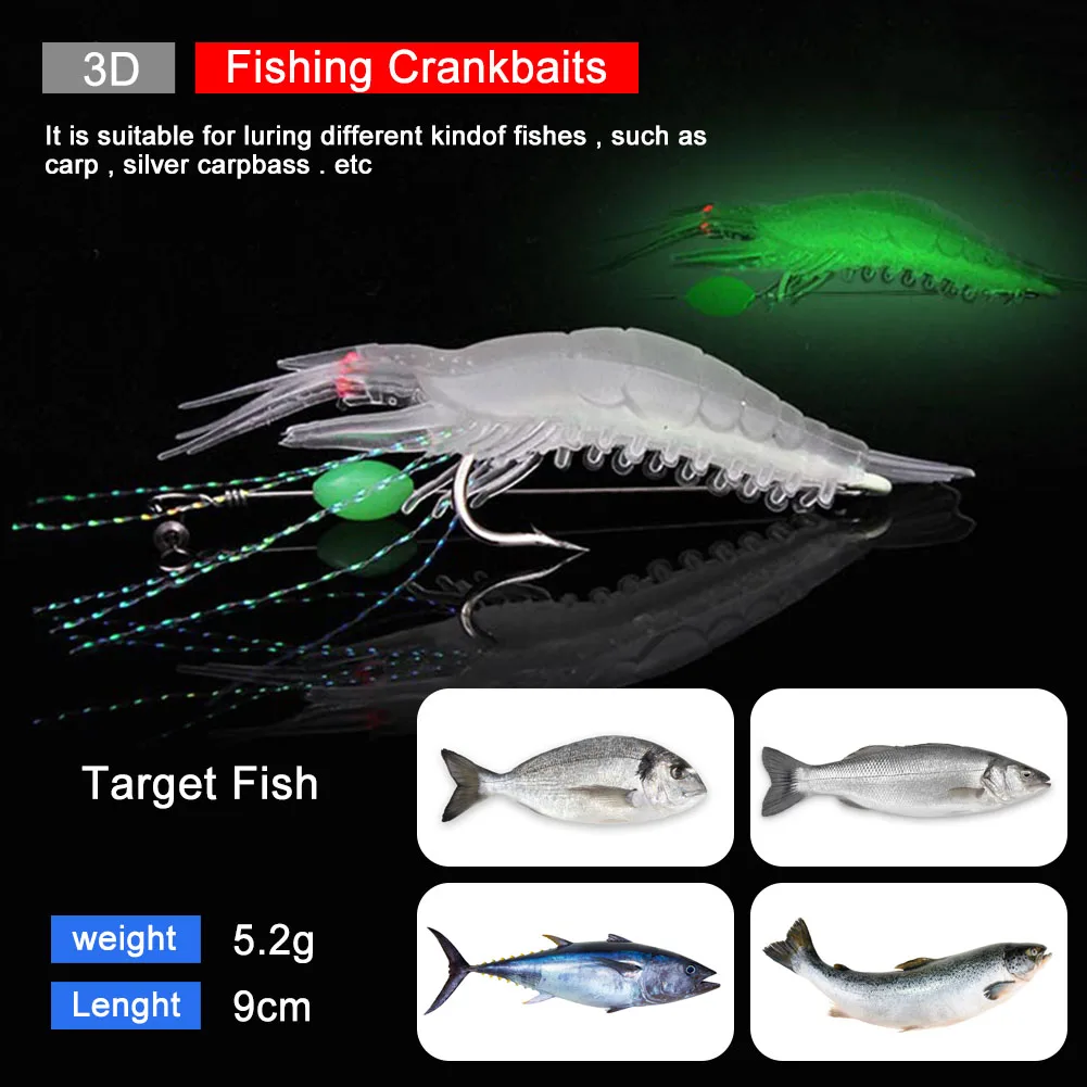 

5pcs 9cm 5.2g Luminous Shrimp Lures Silicone Artificial Soft Bait With Hooks Swivel Shrimp Soft Lure Fishing Tackle Accessories