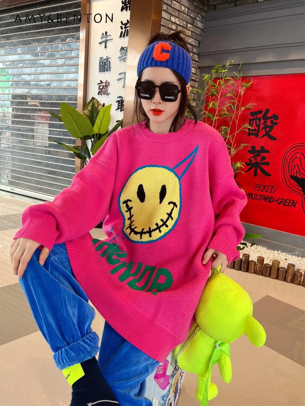 Pink Loose Mid-Length Pullover Smiley Sweater Women's Fall and Winter Outer Wear Thickened Large Size Slimming Knitted Sweater