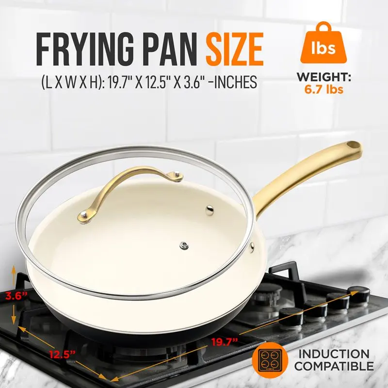 

12” Large Skillet Nonstick Frying Pan with Golden Titanium Coated Silicone Handle W/ Lid Non-stick Pan Frying Steak Pancake Co