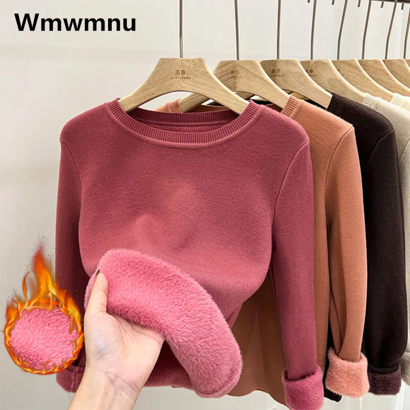 

Thicken O-neck Pullovers Winter Women Plus Velvet Sweater Warm Pulls Sueter Slim Knitwears Plush Fleece Lined Tops New Mom Jump