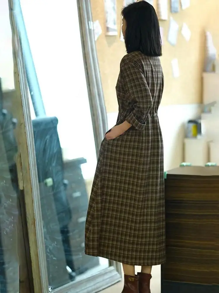 Рубашки Юбки Атмосфера Ретро Клетчатое платье с длинными рукавами