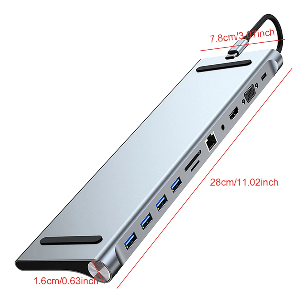 Концентратор 11 в 1 типа C с многопортовым адаптером VGA Ethernet совместимым 4K HDMI * USB 3.0 3