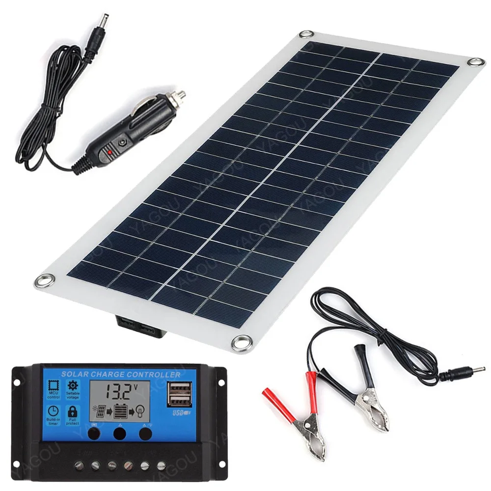 

30W Solar Panel Complete Kit 12V USB Charging Solar Cell Power Portable Outdoor Polysilicon Camp Hiking Travel Phone RV Car MP3