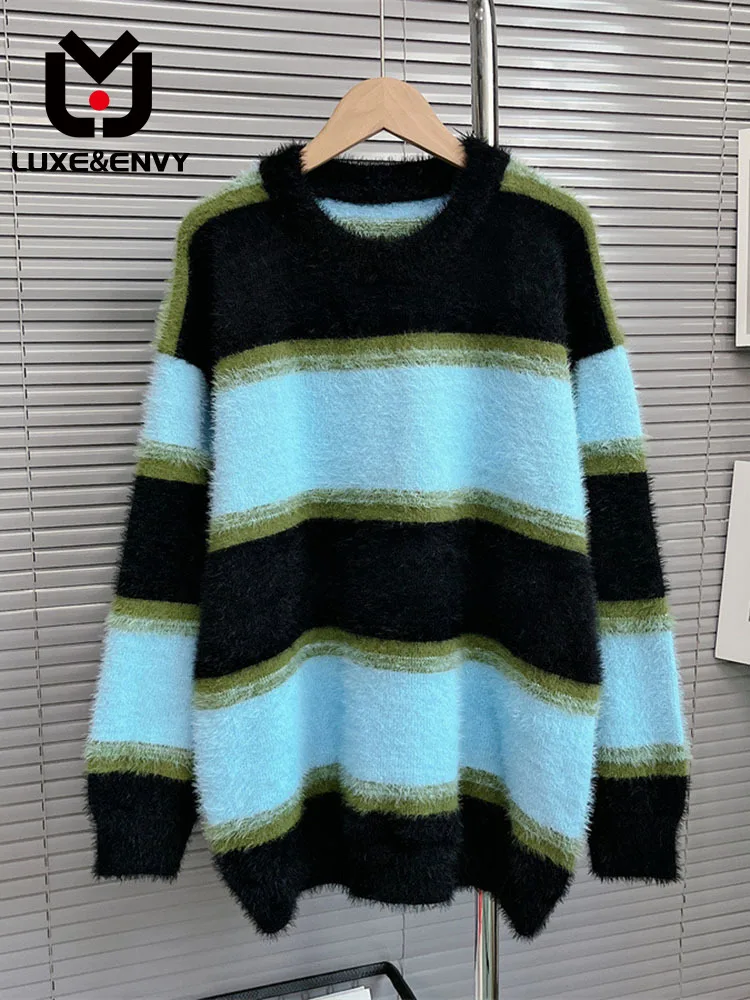 

LUXE&ENVY Autumn Winter 2023 New Soft Waxy Gentle Lazy Knitted Sweater Women's Mohair Loose Stripe Top Coat