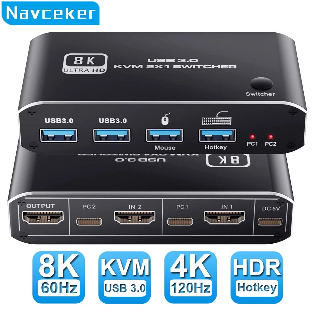 

Квм-переключатель Navceker 8K, совместимый с HDMI, 4K, 120 Гц, 2-портовый переключатель HD KVM, USB, для ПК с общим монитором, клавиатурой и мышью