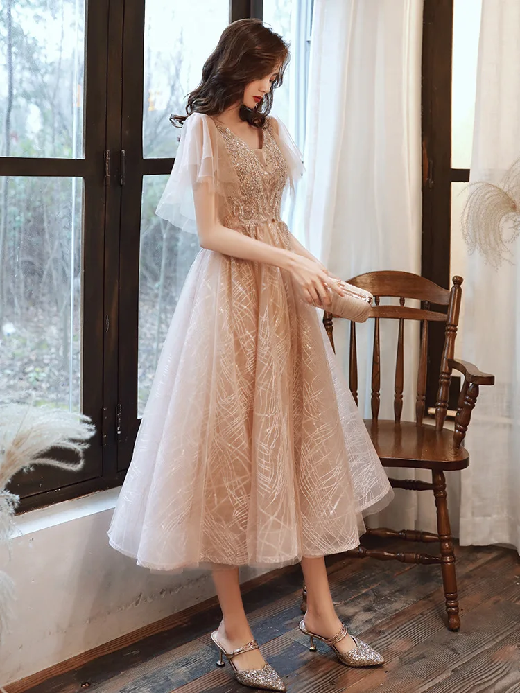 Champagne Color Womens Evening Dress Birthday Party Temperament Heavy Industry Bridesmaid Summer Dress for Women