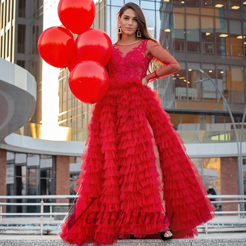 

Ball Gowns Scoop Red Illusion Evening Dress Appliques Long Sleeves Side Slit Tulle Made To Order Robes De Soirée Formal Prom