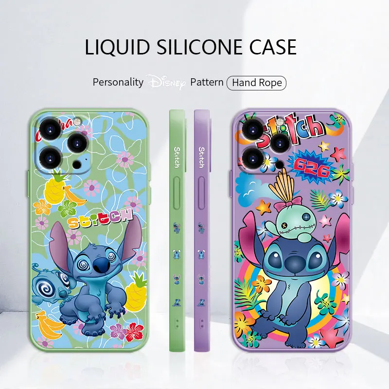 

Disney Stitch Forest Phone Liquid Funda Case for iPhone 11 12 13 Pro Max XS 7 8 Plus SE Mini i13 2022 7p 8+ Plating Silicone