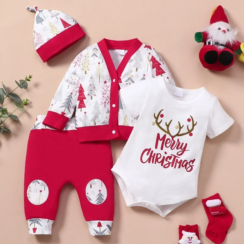 Christmas Winter Baby Boy Clothes Cotton Letter Santa Claus Patchwork Plaid Long Sleeve Baby Bodysuit Baby Girl Clothes 0-18M