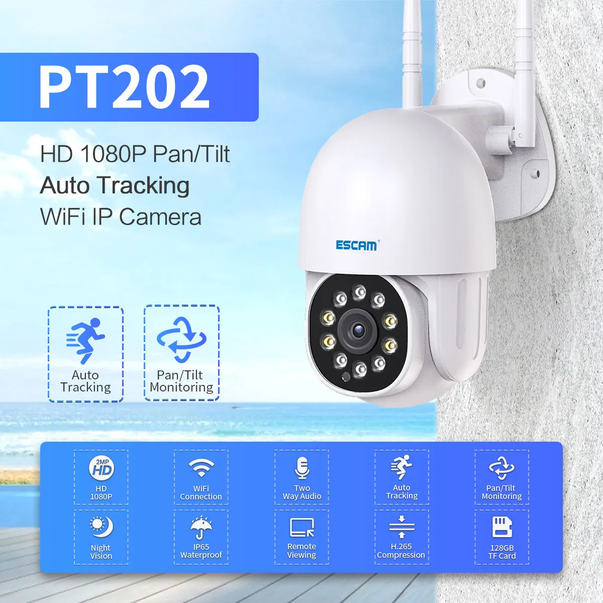 

ESCAM PT202 1080P Pan/Tilt AI Humanoid detection Cloud Storage Waterproof WiFi IP Camera with Two Way Audio Surveillance Cameras