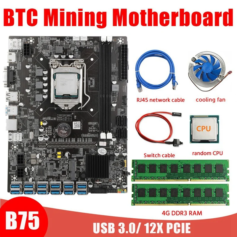 

Материнская плата B75 для майнинга BTC + ЦП + вентилятор + 2x4G DDR3 ОЗУ + линия переключения + сетевой кабель RJ45 12xpcie USB3.0 LGA1155 слот DDR3 SATA3.0