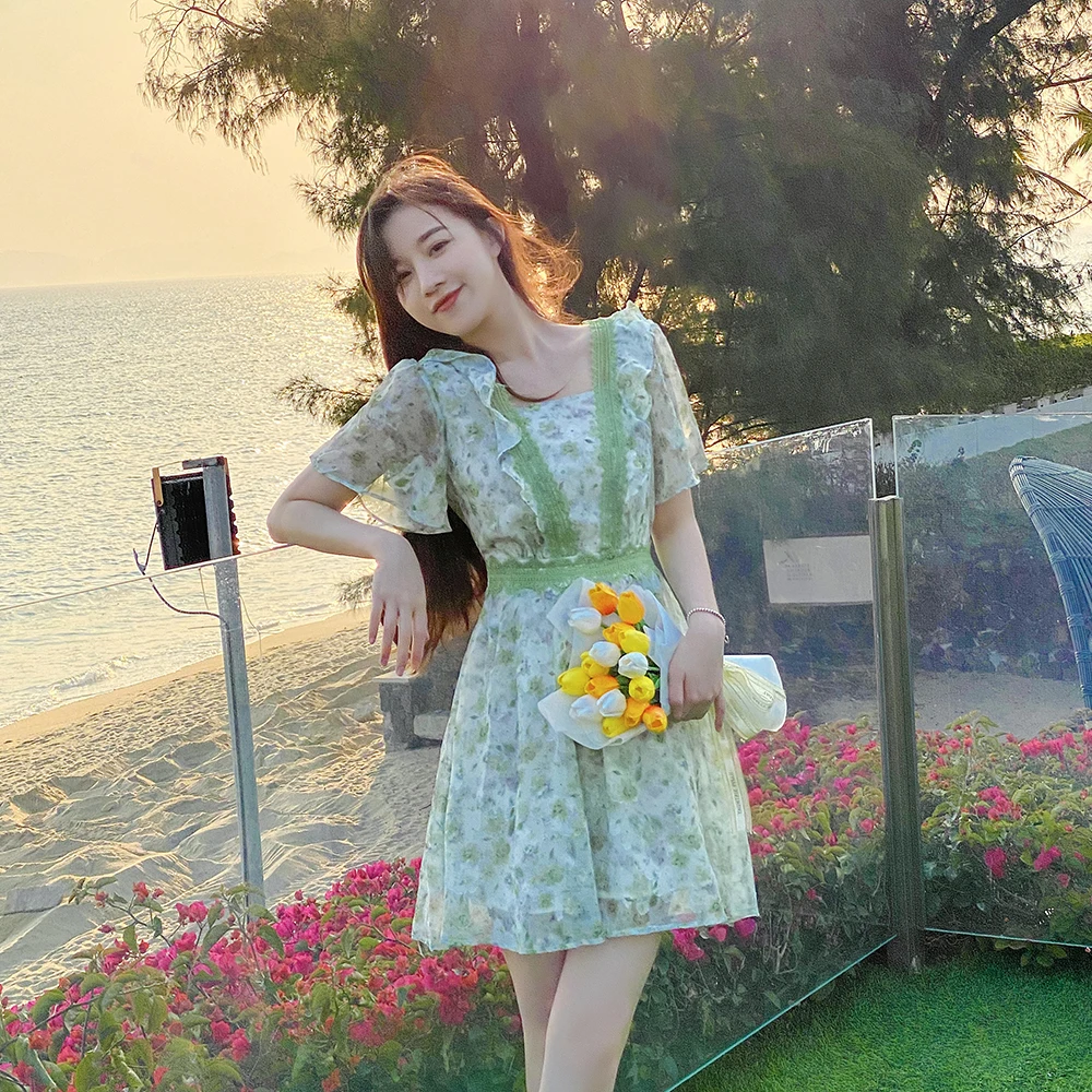 French sle Floral Dress Women Summer High Sense Small Waist Hugging Slimming A Word Frill Fairy Tea Break Short dress |