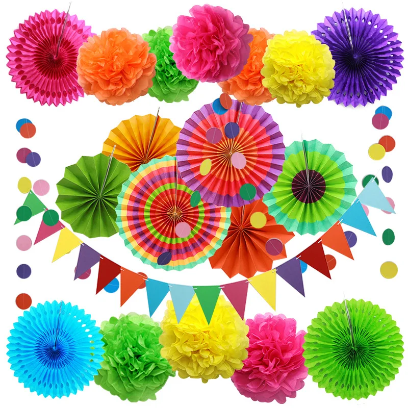 

JOYMEMO Colorful Party Decorations Paper Fan Paper Flower Pennant Halloween Mexican Festival Baby Shower Birthday Party Supplies